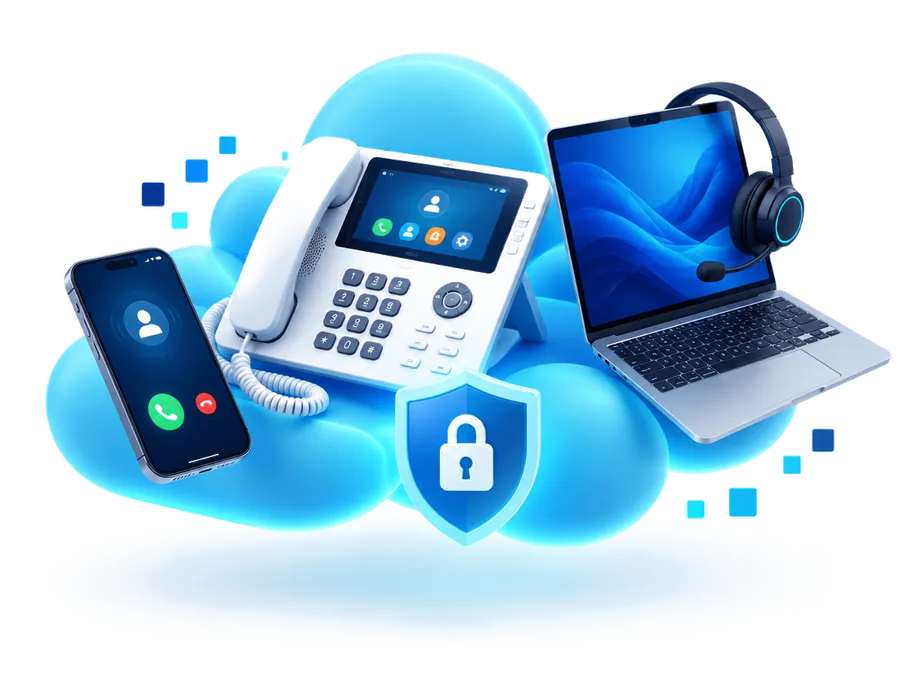 Business IP phone system: desk phone, cell phone and computer connected to the cloud